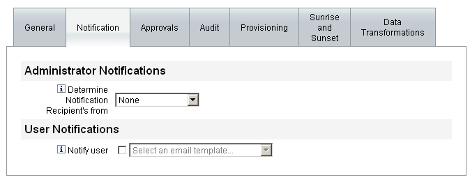 Editing the Notification tab on the Create User Template.