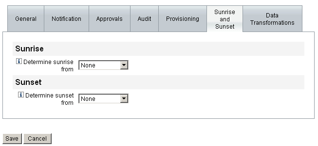 Configuring the Sunrise and Sunset tab.