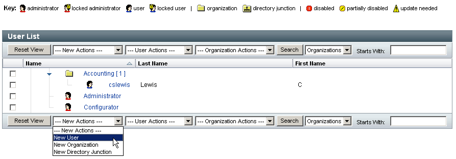 Use the Accounts List to perform edit, enable, disable, unlock, rename, update, and password change actions on users.