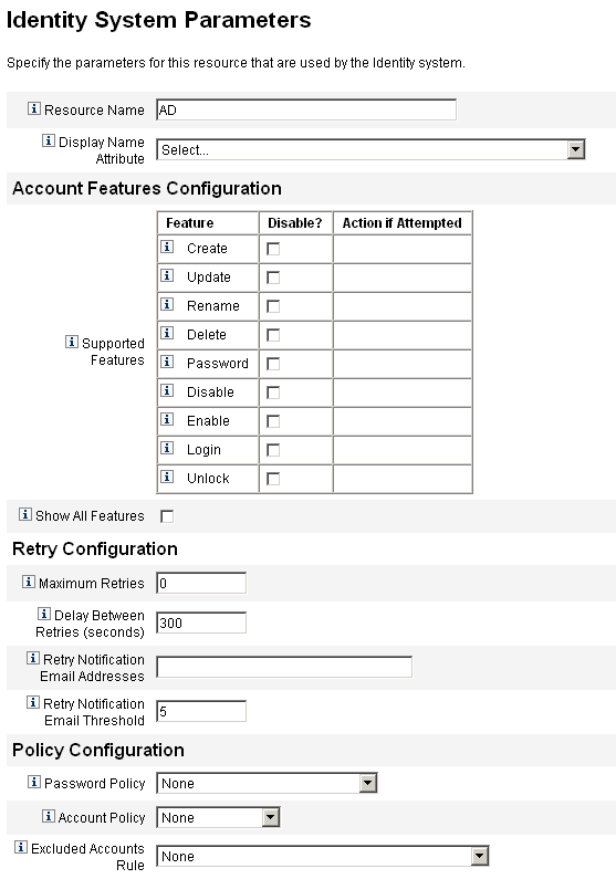 Use the Identity Manager Parameters page to set up retry and policy configuration, as well as ActiveSync configuration.