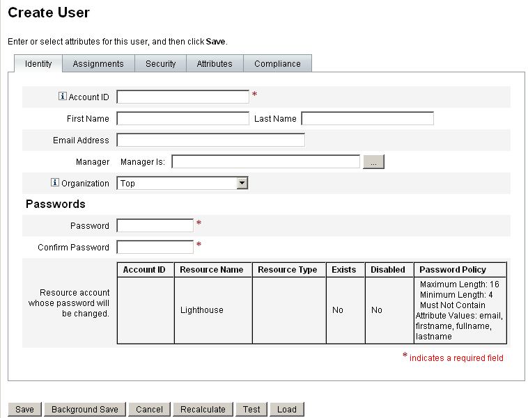 Specify Identity attributes on the Create User page.