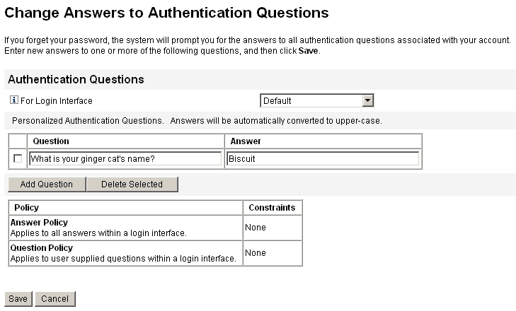 The Change Answers to Authentication Questions page allows you to add and change authentication questions and answers.