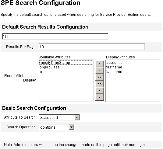 Setting the default search options in the Service Provider configuration