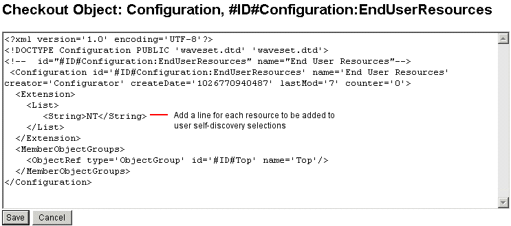 Add a line in the End User Resources Configuration Object for each resource to be added to user self-discovery selections.