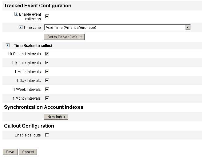Configuring tracked events, account indexes, and callout configuration information for a Service Provider configuration.