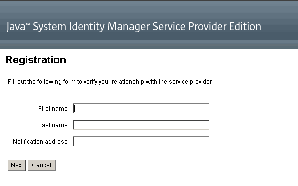 New Service Provider users must enter a first and last name and email address to register on first log in.
