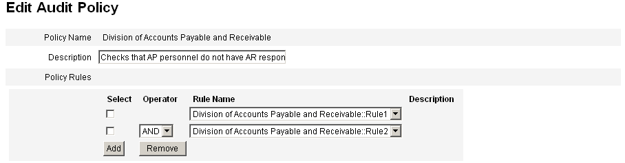 The Edit Policy Page lets you edit policy names and descriptions, add rules, and delete rules.