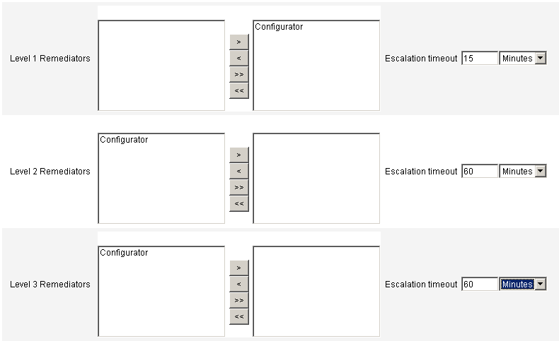 The Remediators Area lets you assign or remove remediators and adjust escalation timeouts.