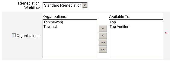 Use the Remediation Workflow and Organizations Area to change the remediation workflow that is launched when a policy violation occurs or to specify which organizations can access the policy.