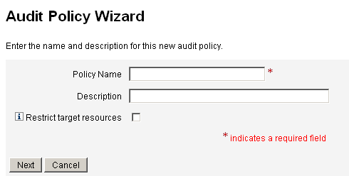 Use this Audit Policy Wizard page to specify a policy name and provide a brief description of the policy.