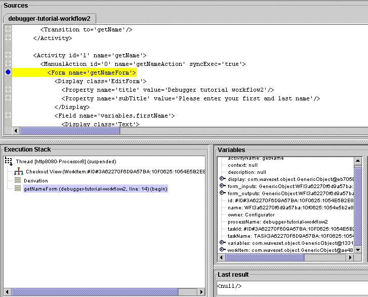 Example 3: Debugger displaying manual action processing