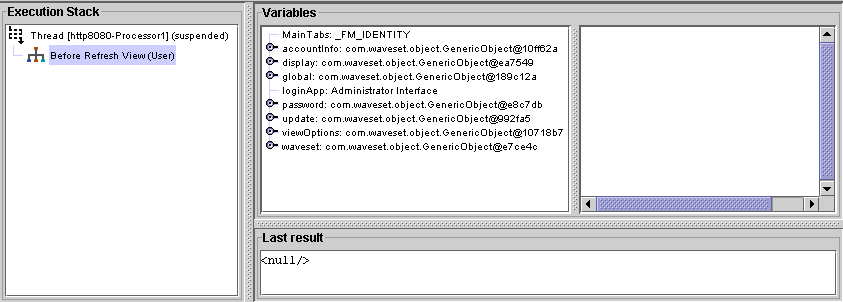 Example 1: Debugging suspended on the Before Refresh View breakpoint