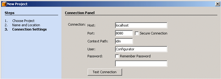 Specifying connection settings for the new project.