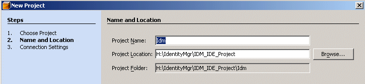 Specifying a name and location for the new project.