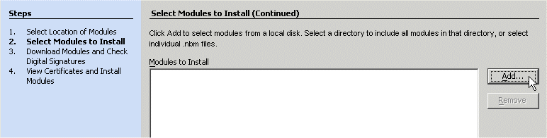 Click Add to browse to and select the Identity Manager IDE .nbm module.