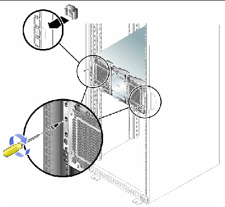 Figure showing postion of screws to secure the tray to the cabinet. 