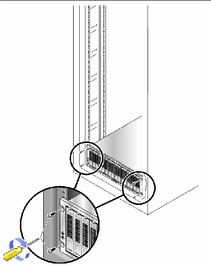 Figure showing an expansion tray mounted in the cabinet and detail of screw location.