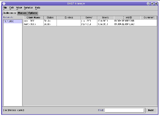 Screen capture of the DHCP Manager window showing the MAC address for the array’s controllers.