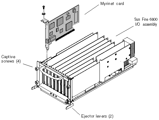 Figure showing installation of a Myrinet card in a Sun Fire 6800 server I/O assembly.
