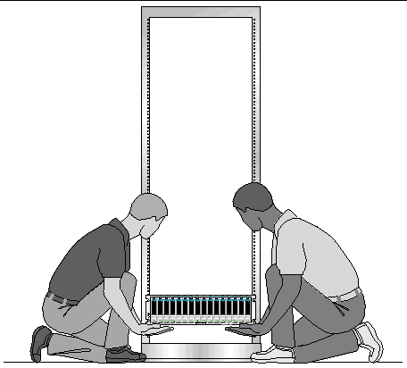 Figure showing one person at each side of the array positioned at the bottom of the 2-post rack. 