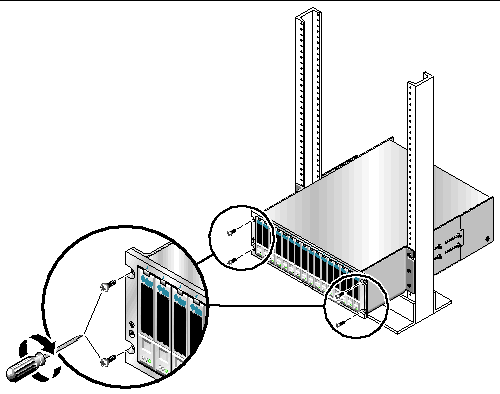 Figure showing the location of the four 10-32 screws used to secure the array to the front of the 2-post rack