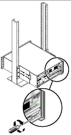 Figure showing the location of the two screws used to secure the array to the back of 2-post rack