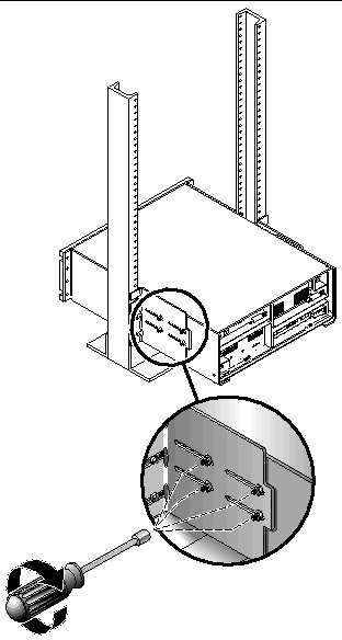 Figure showing the location of the two screws used to secure the array to the back of 2-post rack