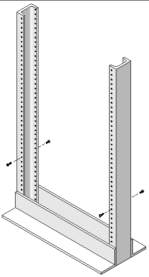 Figure showing the location and positioning of the screws in the front and back mounting holes of the Telco 2-post rack.