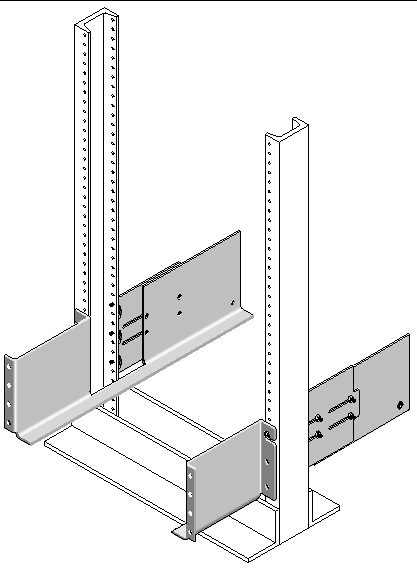 Figure showing detail and location of the lower mounting holes of the rails on the Telco 2-post rack.