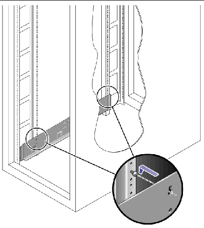 Figure showing detail of how to hang the left rail in the cabinet.