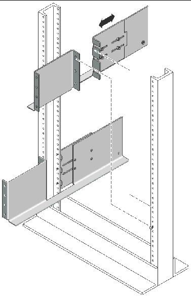 Figure showing the location of the rails mounted on the front and back screws of the Telco 2-post rack