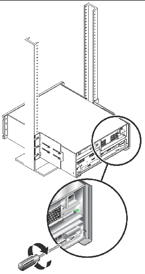 Figure showing the location of the two screws used to secure the array to the back of 2-post rack
