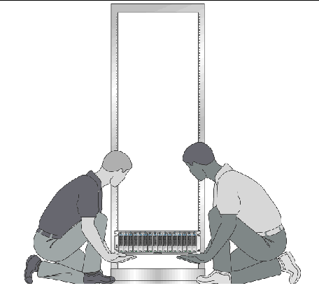 Figure showing one person at each side of the array positioned at the bottom of the 2-post rack. 