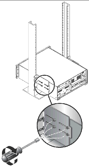 Figure showing the location of the two screws used to secure the array to the back of 2-post rack