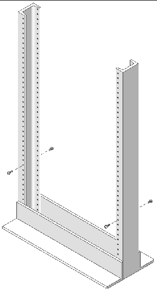 Figure showing the location and positioning of the screws in the front and back mounting holes of the Telco 2-post rack.