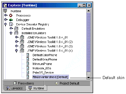 Screenshot of the Explorer window showing the RIMJavaHandheld set to be the default skin. The callout indicates the default skin.