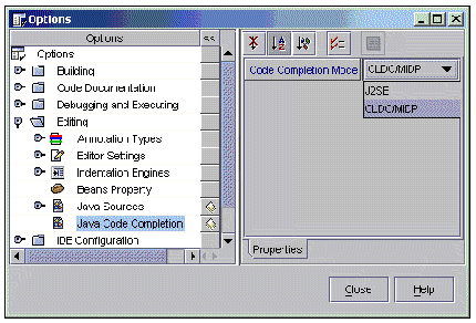 Screenshot shows setting the code completion mode in the Options window.Buttons are Close and Help.