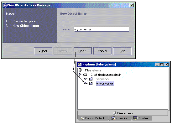 Screenshots showing the process of creating a new package called myconverter.