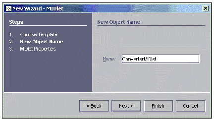 Screenshot of the new MIDlet wizard prompting for the name of the MIDlet. The buttons are Back, Next, Finish, and Cancel.