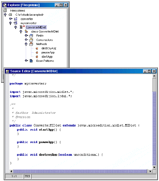 Two screenshots showing the new MIDlet in the Explorer window and its code in the Source Editor window.