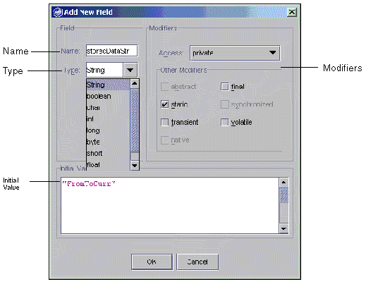Screenshot showing the Add New Field window. Callouts indicate field name, type, initial value, and modifiers. Buttons are OK and Cancel.