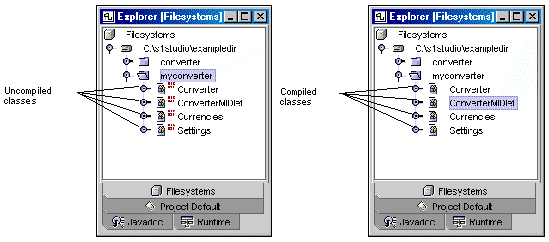 Screenshots showing the myconverter classes in the Explorer window before and after compilation.