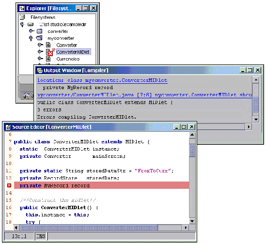 Screenshots of three windows: Explorer, Output Window for the compiler, and the Source Editor containing ConverterMIDlet code.