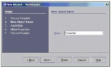 Screenshow of MIDletSuite wizard prompting for the MIDlet suite name.Buttons are Back, Next, Finish, Cancel, and Help.