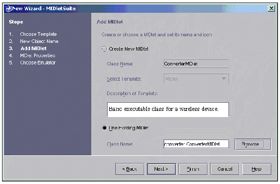 Screenshot of the MIDlet suite wizard, Add MIDlet pane.