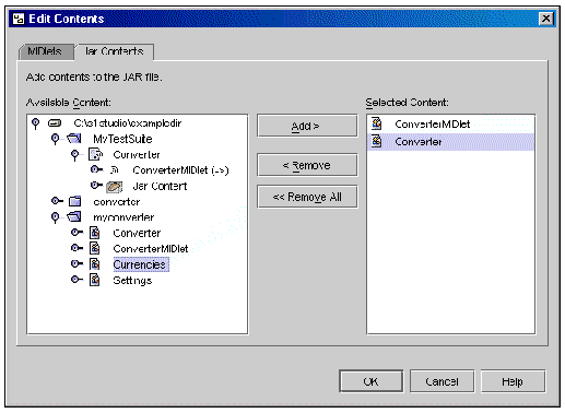 Screenshot showing the Edit Suite window for adding content to the JAR file. Buttons are OK, Cancel, and Help.