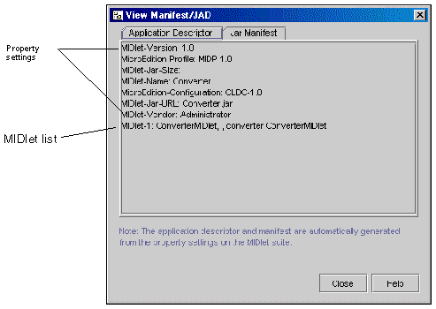 Screenshot showing the application descriptor for Converter.jar. Callouts show property values and midlets. Buttons are Close and Help.