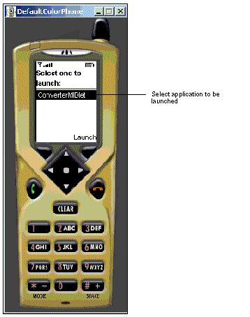 Screenshot showing the DefaultColorPhone device skin running the Converter MIDlet suite. The callout indicates an application selected to launch.