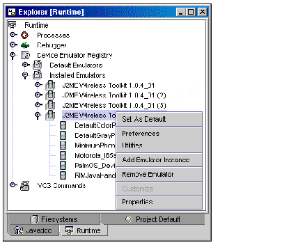 Screenshot showing the Explorer pane and the contextual menu used to set a default emulator.