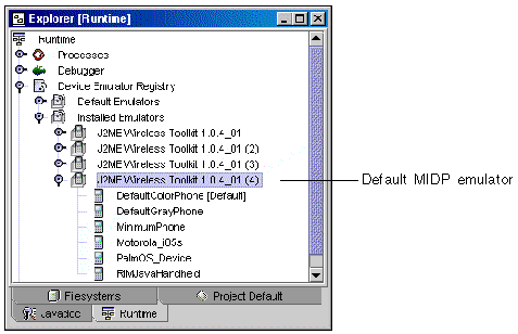 Screenshot of the Explorer window showing the new default emulator. The callout indicates the default MIDP emulator.